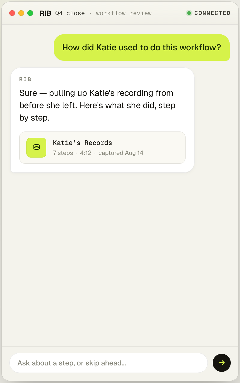 RIB chat panel showing Katie's recorded workflow